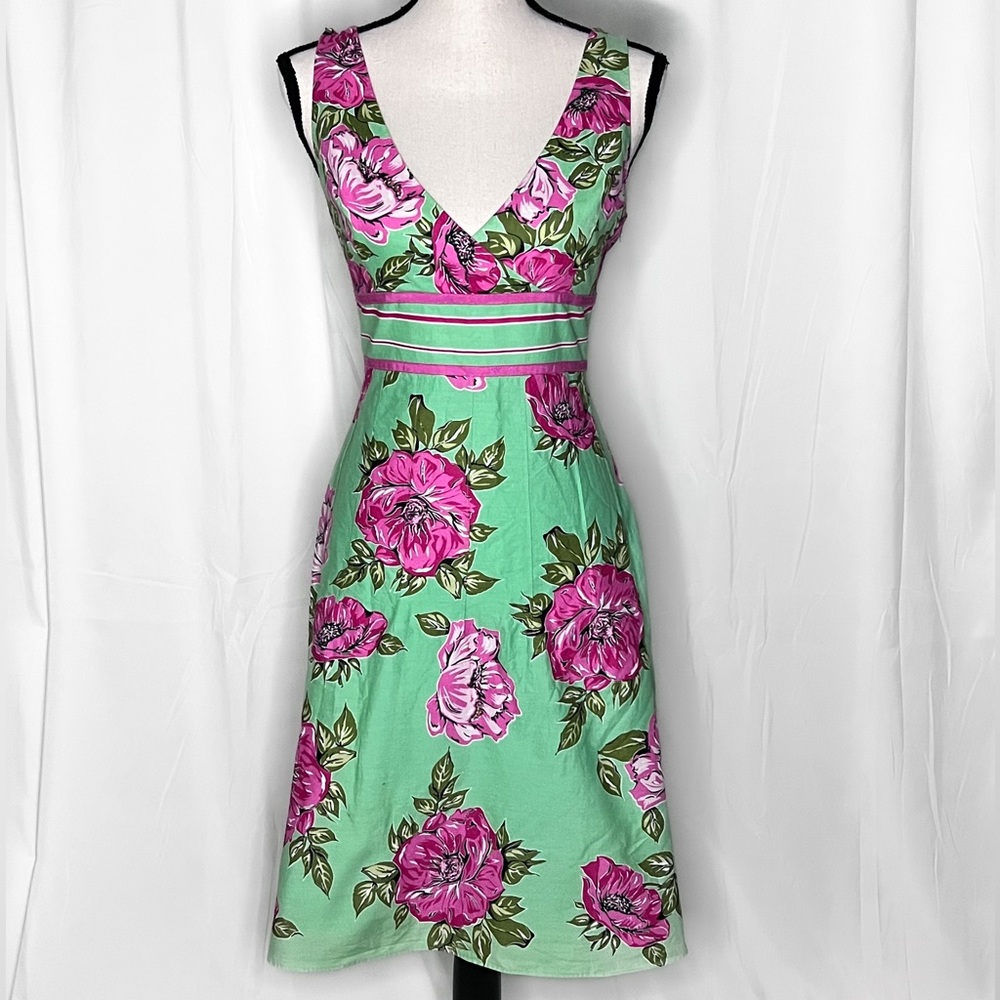 Tibi Pink and Mint Floral V-Neck Sleeveless Cotton Dress Size 8